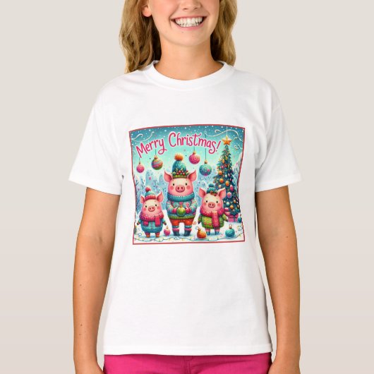 Drie Kleine Kerst Varkens T-shirt (Voorkant)