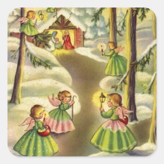 Drie kleine kerstangels met Vintage Vierkante Sticker (Voorkant)