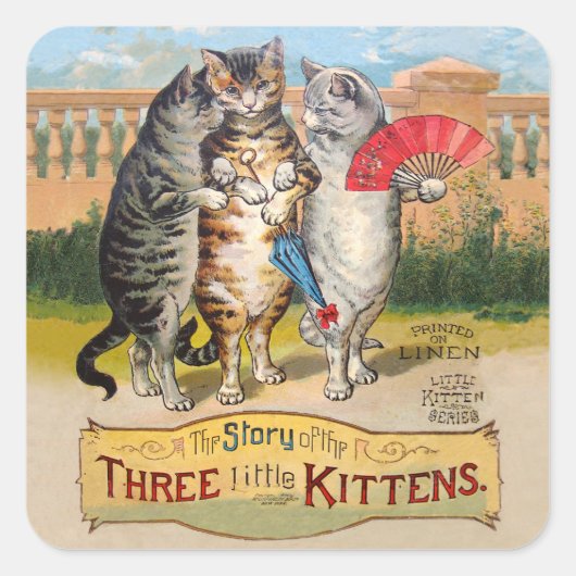 Drie kleine Kittens Moeder Goose Illustratie Vierkante Sticker (Voorkant)