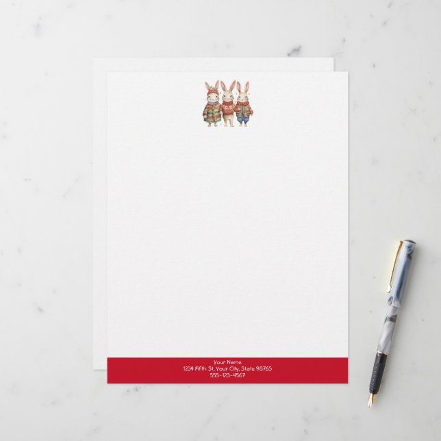 Drie kleine konijnen Schattige aangepaste kerst ro Briefhoofd (Voorkant / Achterkant in situ)