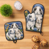 Drie kleine luipkonijnen ovenwant & pannenlap set (Top down)