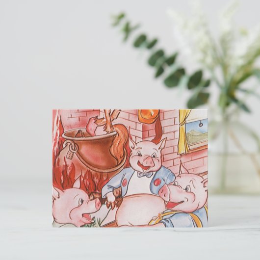 Drie kleine Varkens die wolf koken,  feiale tale Briefkaart (Staand voorkant)