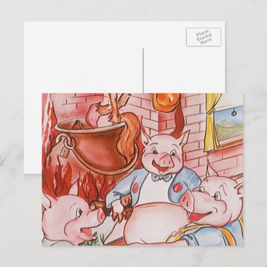 Drie kleine Varkens die wolf koken,  feiale tale Briefkaart (Voorkant / Achterkant)
