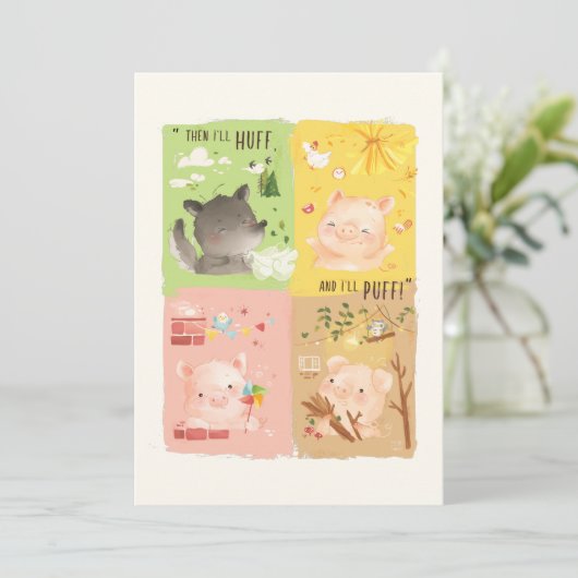 Drie kleine varkens en Big Bad Wolf Bedankkaart (Staand voorkant)