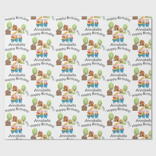 Drie kleine varkens kleurrijke folk en sprookje cadeaupapier (Vlak)