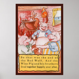 Drie Kleine Varkens Koken Wolf, Vintage Sprookje Poster