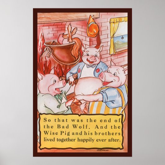 Drie Kleine Varkens Koken Wolf, Vintage Sprookje Poster (Voorkant)