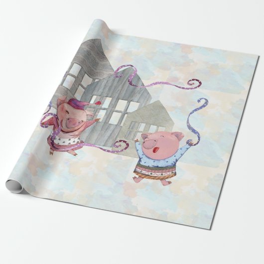Drie kleine varkens met hun huizen cadeaupapier (Uitgerold)