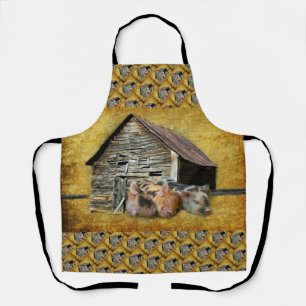 Drie kleine varkens op de bijtende schuur schort