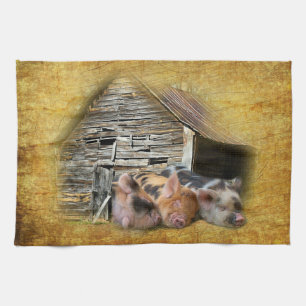 Drie kleine varkens op de bijtende schuur theedoek