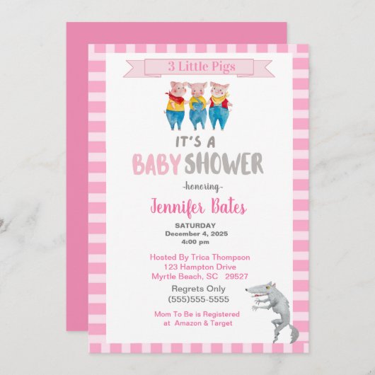 Drie kleine Varkens Thema Roze Baby shower Kaart (Voorkant / Achterkant)