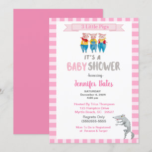 Drie kleine Varkens Thema Roze Baby shower Kaart