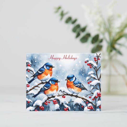Drie kleine zangvogels en rode bessen Kerstmis Feestdagenkaart (Staand voorkant)