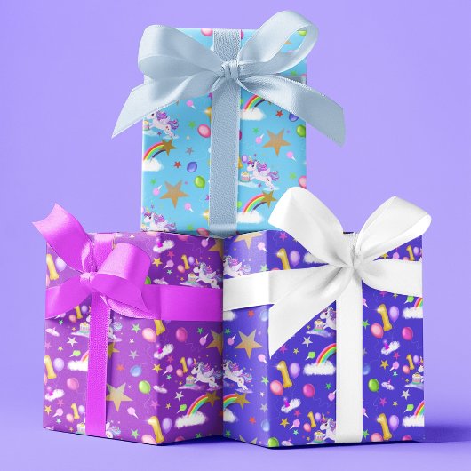 Drie kleuren 1e verjaardag eenhoorn patroon inpakpapier vel