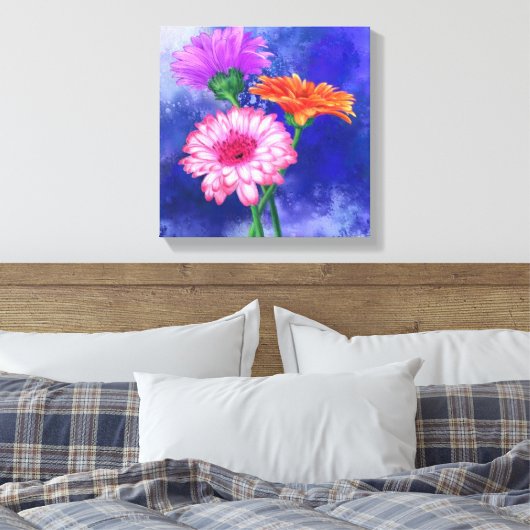 Drie kleuren Gerberas Canvas afdrukken - schildere (Insitu (Slaapkamer))