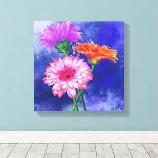 Drie kleuren Gerberas Canvas afdrukken - schildere (Insitu (Houten vloer))