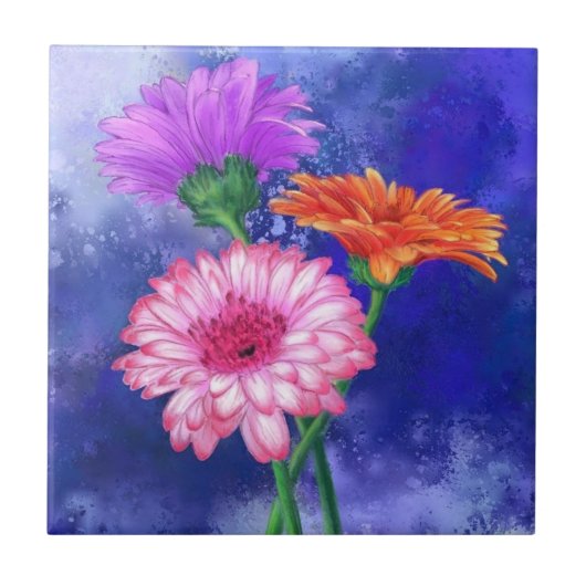 Drie kleuren Gerberas keramische Tegel Tegeltje (Voorkant)