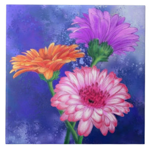 Drie kleuren Gerberas Tegel - schilderij Tegeltje