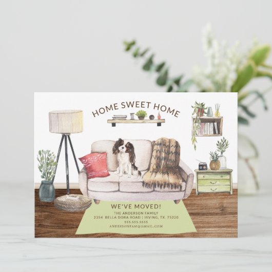 Drie kleuren King Charles Spaniel Bewegende Aankon Kaart (Staand voorkant)