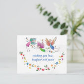 Drie kleurrijke engelen met kerstwensen feestdagenkaart (Staand voorkant)