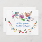 Drie kleurrijke engelen met kerstwensen feestdagenkaart (Voorkant / Achterkant)