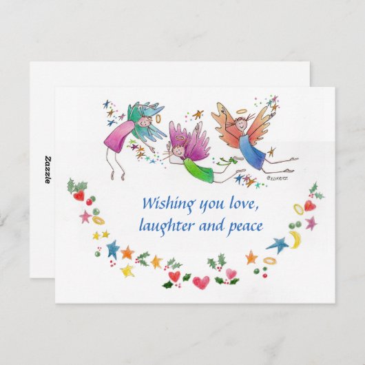 Drie kleurrijke engelen met kerstwensen feestdagenkaart (Voorkant / Achterkant)