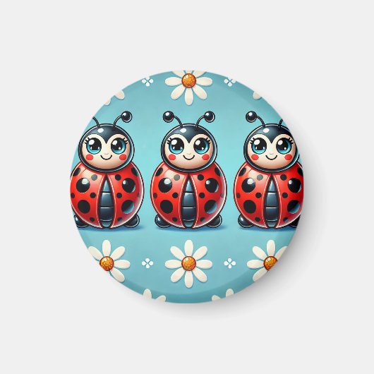 Drie kleurrijke lieveheersbeestjes op blauwe achte magneet (Voorkant)