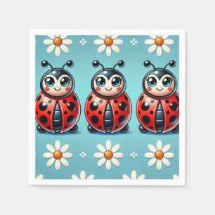Drie kleurrijke lieveheersbeestjes op blauwe achte servet