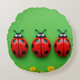 Drie kleurrijke lieveheersbeestjes op een groene a rond kussen