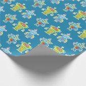 Drie kleurrijke robots die papier verpakken (Hoek)