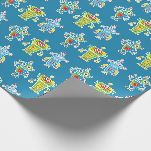 Drie kleurrijke robots die papier verpakken (Hoek)