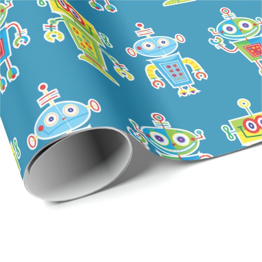 Drie kleurrijke robots die papier verpakken (Rol Hoek)