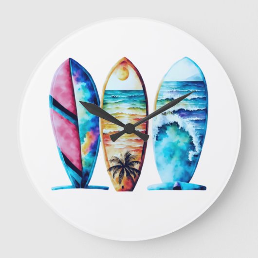 Drie kleurrijke Waterverf Surfboards Grote Klok (Voorkant)