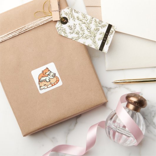 Drie knusse slapende oranje tabby katten ontwerp vierkante sticker (Geschenken)