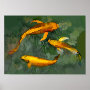 Drie kois in een fontein poster