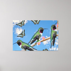Drie kolibries zittend op een tak Floss Silt Canvas Afdruk