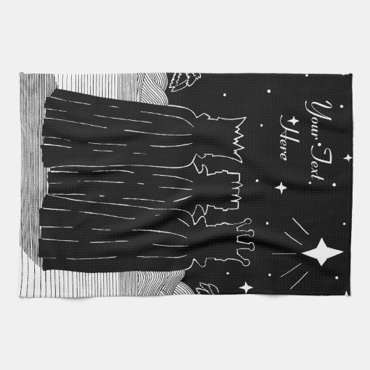 Drie koningen kerstster zwart-wit theedoek (Horizontaal)