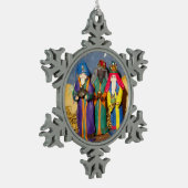 Drie koningen met cadeaus voor baby Jezus Kerstmis Tin Sneeuwvlok Ornament (Links)