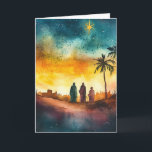 Drie koningen na de Waterverf van de kerstster Kaart<br><div class="desc">Drie koningen na de Waterverf van de kerstster Dit prachtige waterverf schilderij toont de drie koningen die de kerstster volgen in een vredige kerststal. Een perfecte aanvulling op uw vakantie decor. Labels: Drie Koningen Geboorte, Kerstster kunst, waterverf Geboorte, vakantie decor, rustige kerststal, Wijze Mannen schilderen, traditionele kerstkunst, vakantie Geboorte decor,...</div>