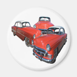drie koolzure rode en witte vintageauto's, magneet