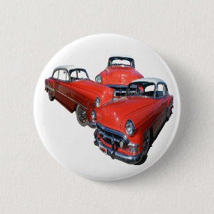 drie koolzure rode en witte vintageauto's, ronde button 5,7 cm