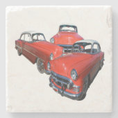 drie koolzure rode en witte vintageauto's, stenen onderzetter (Voorkant)