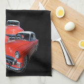 drie koolzure rode en witte vintageauto's, theedoek (Quarter Fold)