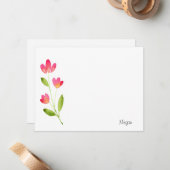 Drie koraalroze Waterverf bloemen Notitiekaartje (Voorkant / Achterkant in situ)