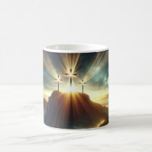 Drie kruisen in een hemels landschap