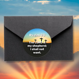 Drie kruisen Psalm 23 Zonsondergang Bijbelvers Ronde Sticker