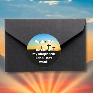 Drie kruisen Psalm 23 Zonsondergang Bijbelvers Ronde Sticker