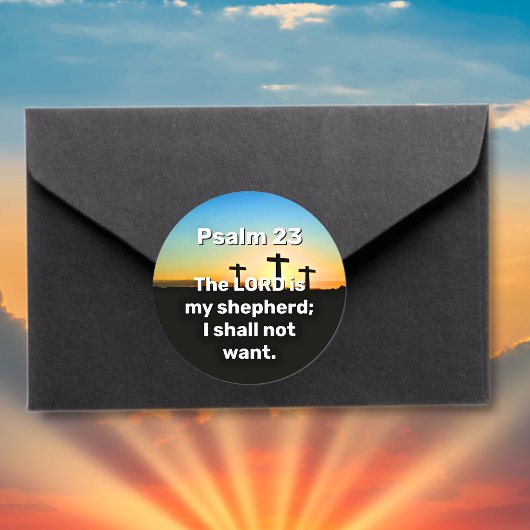Drie kruisen Psalm 23 Zonsondergang Bijbelvers Ronde Sticker