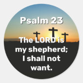 Drie kruisen Psalm 23 Zonsondergang Bijbelvers Ronde Sticker (Voorkant)