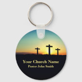 Drie Kruisen Zonsondergang Hemel Kerk Sleutelhanger (Voorkant)